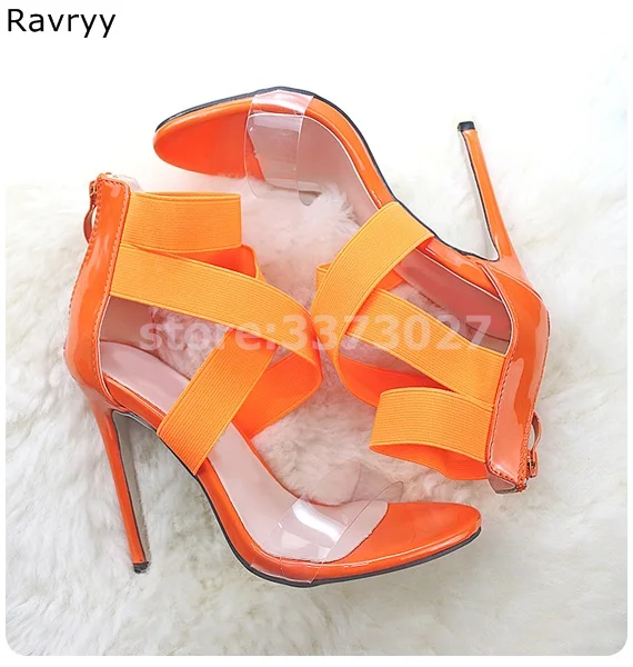 

Orange Woman sandals black elastic band ankle strap high heels summer sexy pumps stiletto thin heel female party single shoes