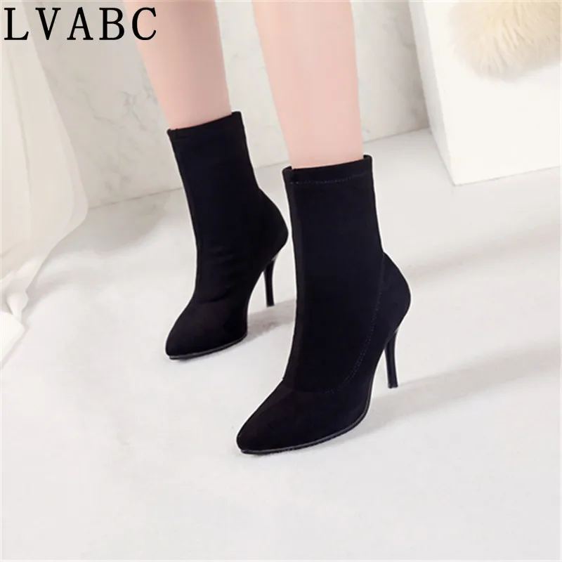 

Fashion Ankle Elastic Sock Boots Chunky High Heels Stretch Women Autumn Sexy Booties Pointed Toe Women Pump Size 32-45