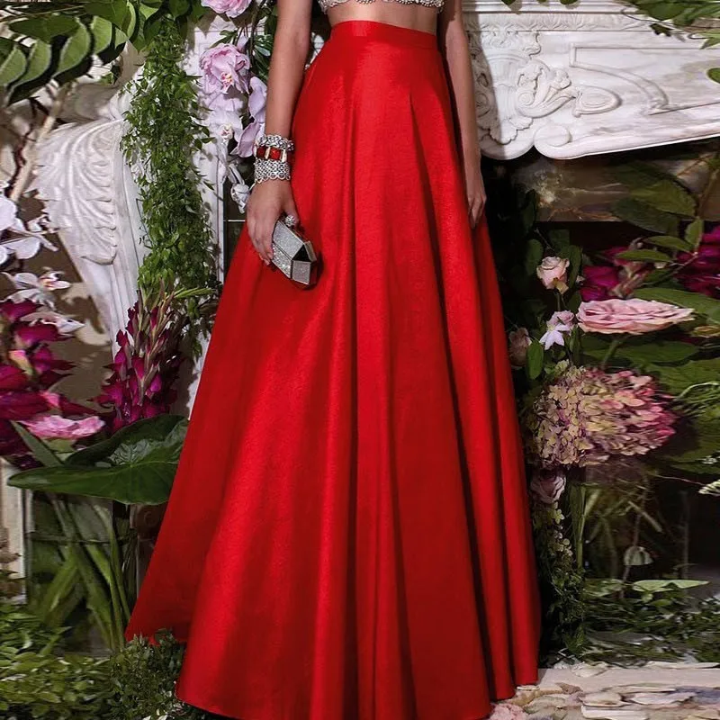 Formal-Chic-Hot-Red-Floor-Length-Skirts-For-Women-To-Formal-Party-Taffeta-LongSkirts-Fashion
