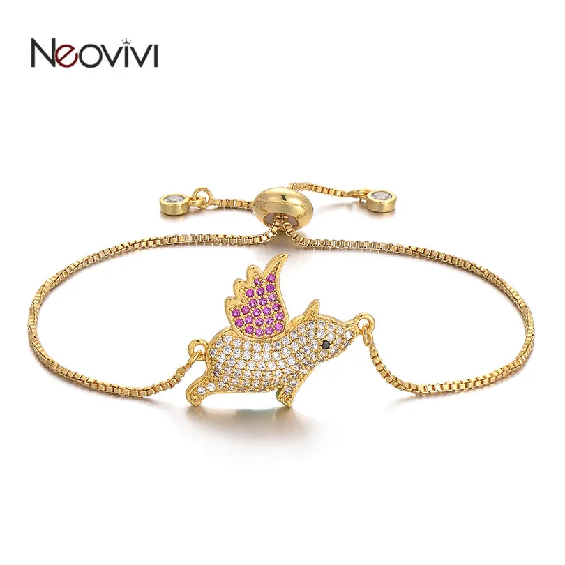 

Neovivi Trendy Women Bracelet for Kids Copper Link Chain Micro Pave Zircon Flying Pig Charm Animal Bracelet Adjustable Jewelry