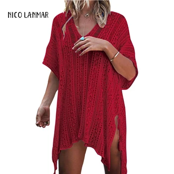 

Summer Beach Cover Up Blouses Women Sexy Hollow Out Crochet Knitted Beachwear Female See-Through Shirts Blusa Swimsuit Costume