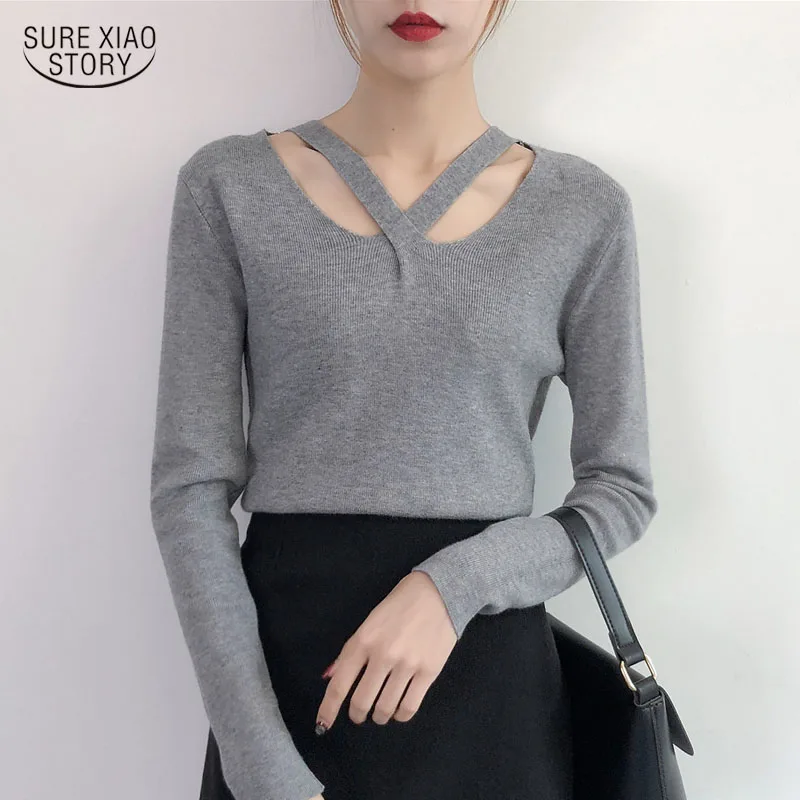 

New Autumn Winter Female Sweaters Korean Slim White Yellow Black Grey Women Sweater Casual Solid Long Sleeve Female tops 5046 50