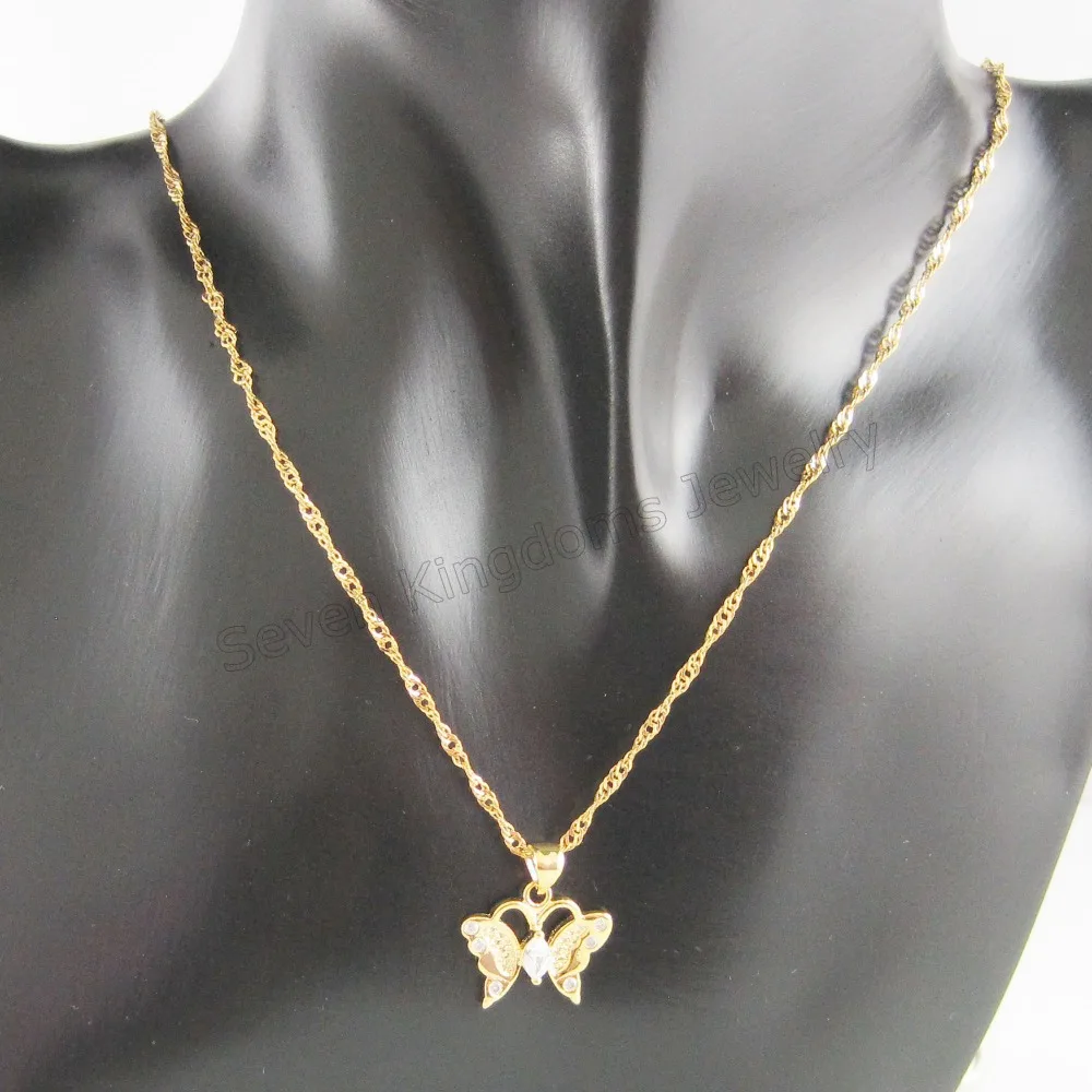 

Min Order 10$/- YELLOW GOLD OVERLAY BRASS 18" NECKLACE & BUTTERFLY CLEAR CZ STONE PENDANT IT HANGS 17MM 0.67inch