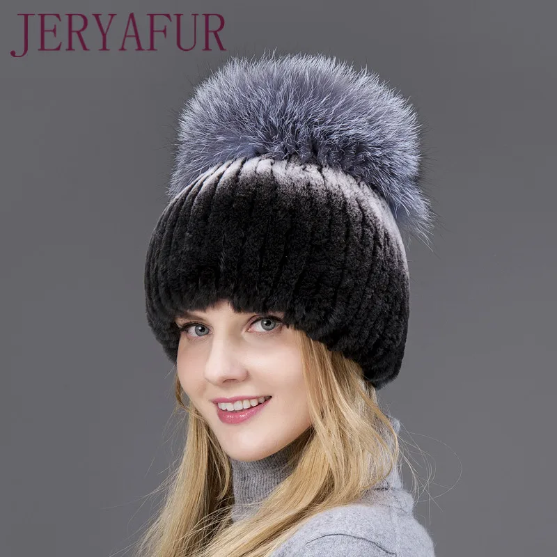 

Hot Sale Fashion Women Caps Outdoor Winter Warm Rabbit Fur Vertical Weaving Hat With Fox Fur On The Top And Rabbit Fur The Down