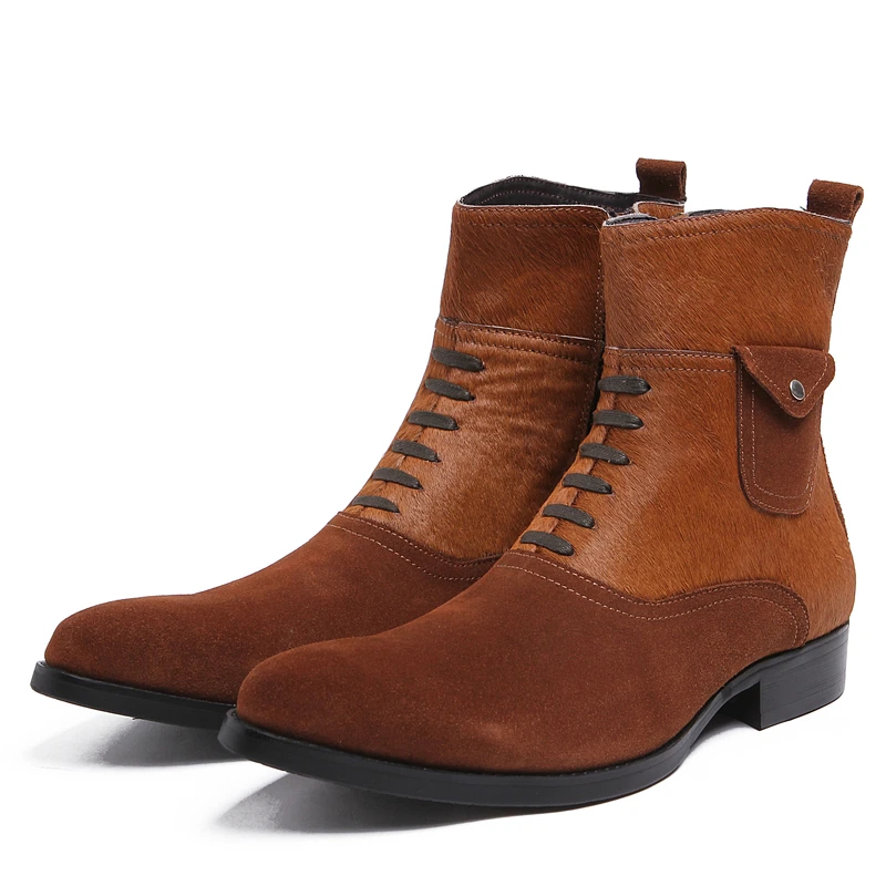 

Fashion Black / Brown Tan Mens Ankle Boots Genuine Leather Casual Boots Mens Winter Outdoor Shoes With Horsehair