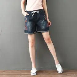 Винтаж лето геометрический шорты Для женщин 2018 вышивка джинсовые короткие Femme Этническая Стиль художественный Для женщин s Джинсовые шорты