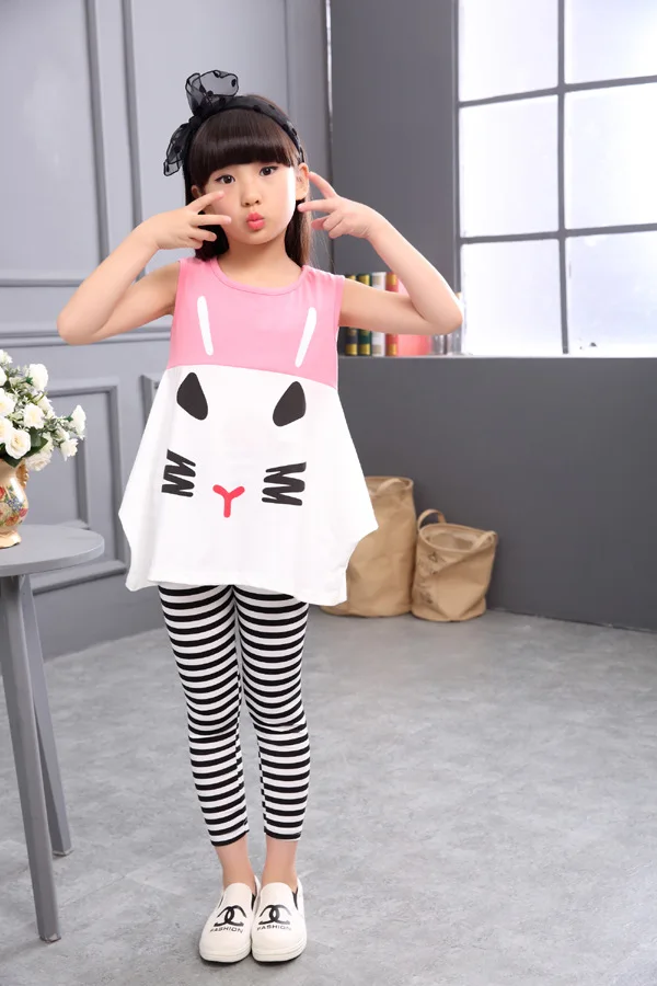 Yeedison 2018 Girls Clothes Set Summer Kids Cute Cartoon T-shirt Striped Pants Outfit Suit 2Pcs Sleeveless Children Clothing Set (16)