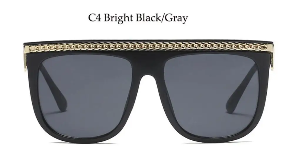 Большие черные солнцезащитные очки, модная квадратная оправа, плоский верх, солнцезащитные очки для мужчин, большие тени, Ретро стиль, солнцезащитные очки с цепочкой, oculos feminino sol - Цвет линз: C4 bright black gray