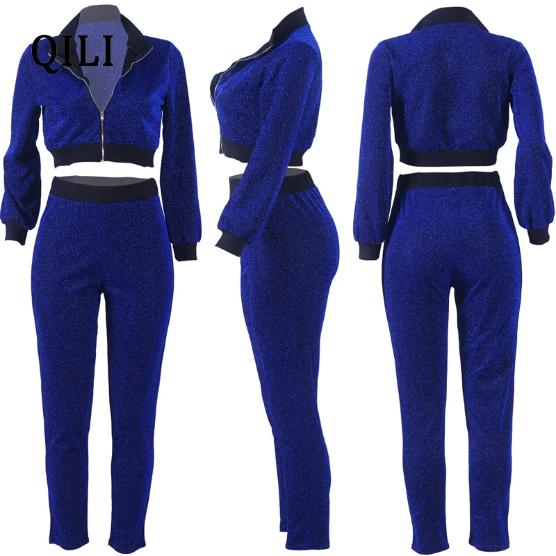 QILI Flash Bright Silk Women Jumpsuits Long Sleeve Zipper Patchwork 2 Piece Set Fashion Jumpsuit Autumn Winter Womens Jumpsuits