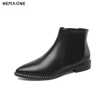 

NemaoNe Women Genuine Leather Ankle Boots 2cm low Heels Oxford Boots slip-on Casual western Shoes large size 43
