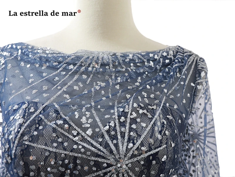 La estrella de mar abendkleid2019 Scoop цепочки и ожерелья блёстки с длинным рукавом сзади открыть линию темно синие длинные платья вечерние плать