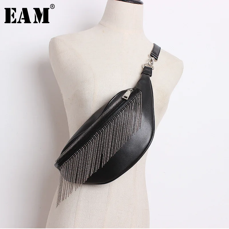 

[EAM] 2019 Spring Summer Unisex Stylish Solid Balck Color Zipper Single Straps Spliced Chains PU Leather Chest Bag Belt LD731