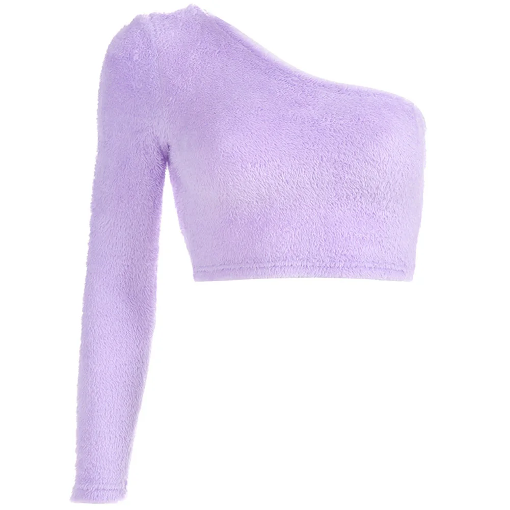 Винтажный сексуальный Одноцветный укороченный топ Женская футболка на одно плечо женская облегающая футболка с пупком фиолетовые белые топы уличная одежда - Цвет: Фиолетовый