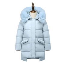 XYF8811 Girls Kids Winter Down Jackets Blue Long Sleeve Winter Jacket Coat Warm Outerwear 6-12Y Long Coat 85% White Duck Down