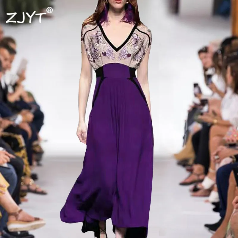 

Europe Fashion Woman Dress Summer Clothes 2019 New Designer Elegant V Neck Floral Print Patchwork Mid-Long Purple Party Dresses