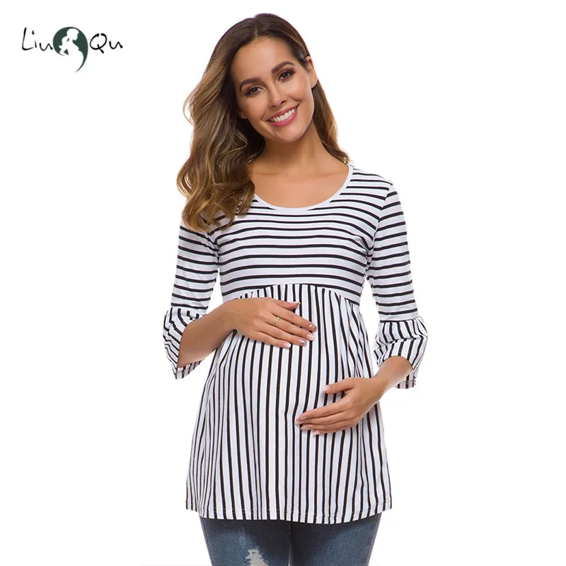

Pregnant Shirt Striped Blouses 3/4 Sleeve Ruffles Sleeve Maternity Clothes Womens Clothing Casual Fitted Loose Pregnancy Tops