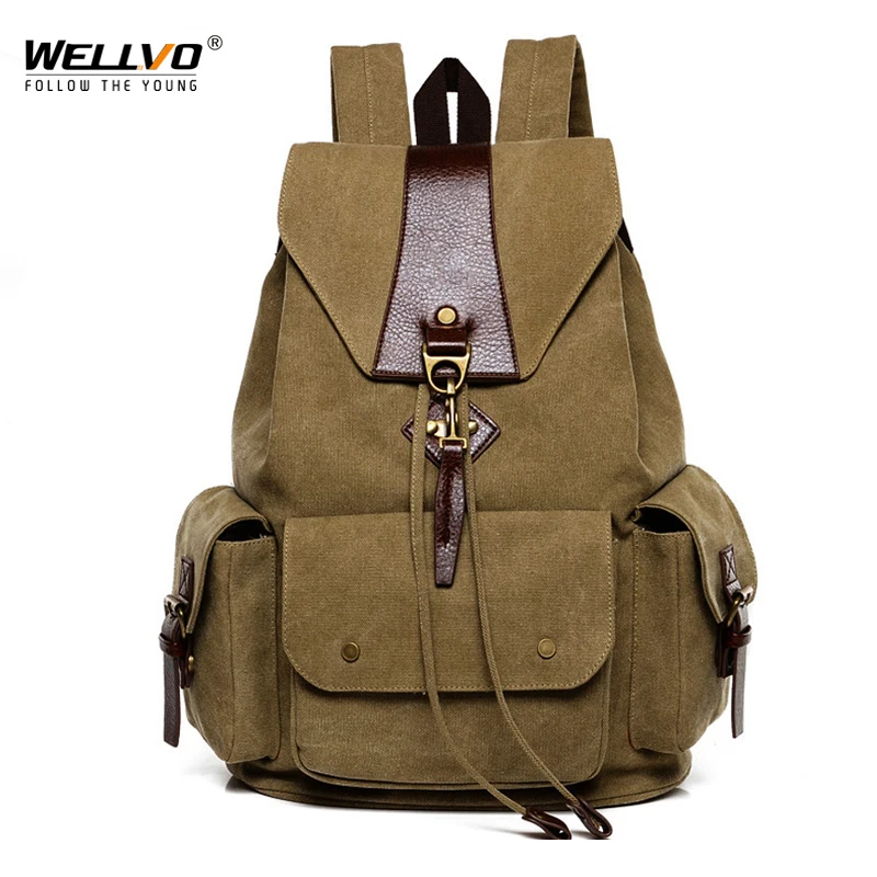 

Men's Canvas Drawstring Backpacks School Bag Vintage Leather Patchwork Rucksack Male Large Capacity Travel Shoulder Bags XA2213C