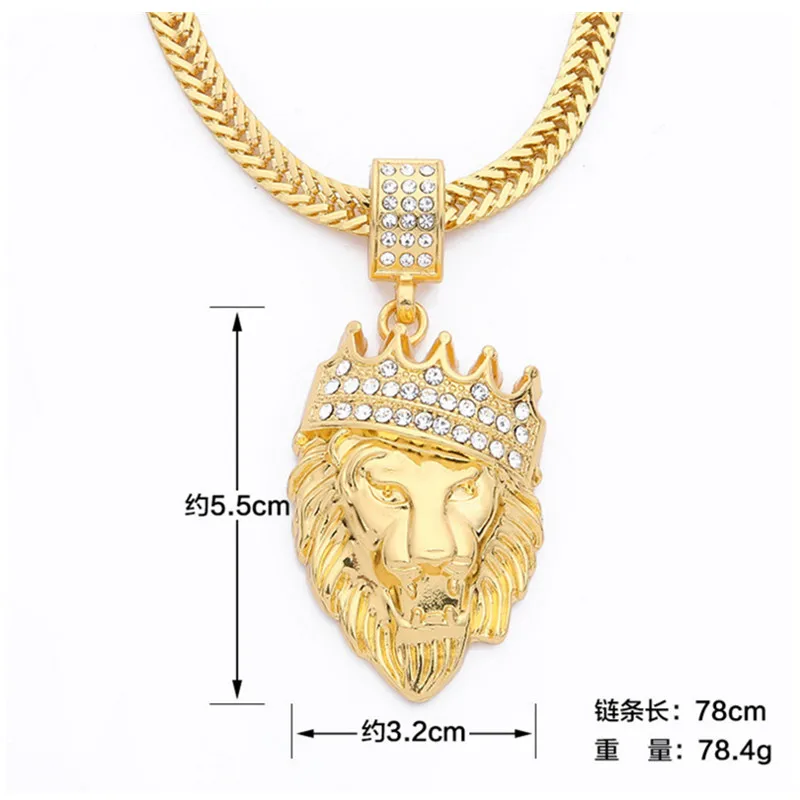 

2019 New Rhinestone Crown Lion Head Hip Hop Necklace Men's Neutral Gold Hiphop Pendant