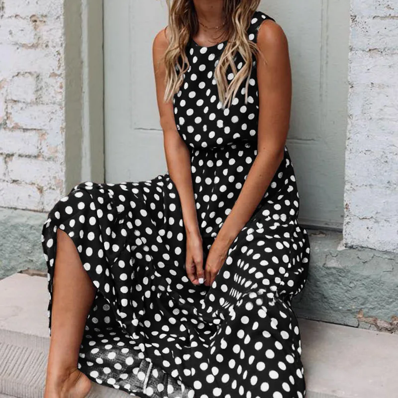 

Newly Women Polka Dot Dress Sleeveless Round Neck Slim Fit Long Dress for Summer DOD886