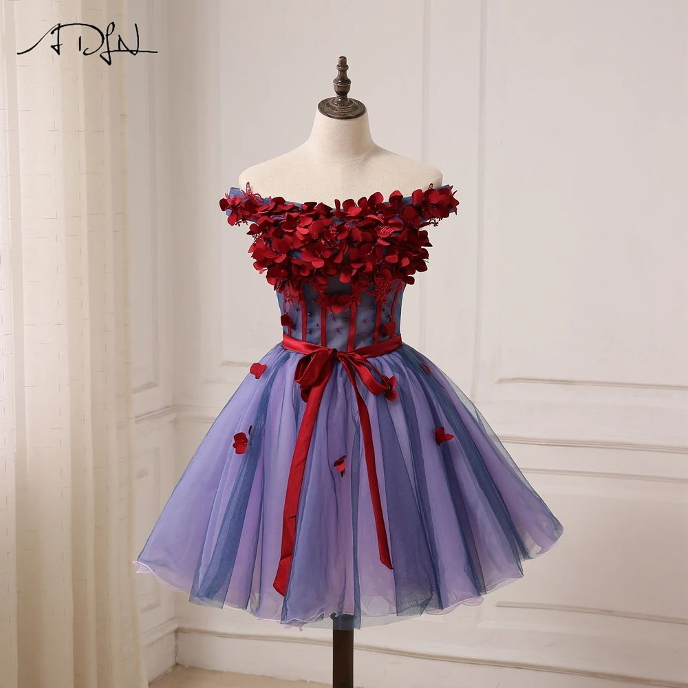 

ADLN Cheap A-line Short Evening Dresses Off the shoulder Sleeveless Handmade Flowers Top Short Party Prom Gowns Tulle Dress