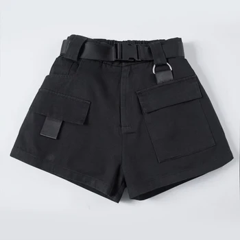 買取 ハイウエストワイドレッグパンツ貨物女性ヴィンテージサッシ固体カーキポケット女性ショーツ 2020 夏カジュアルaライン女性buttoms