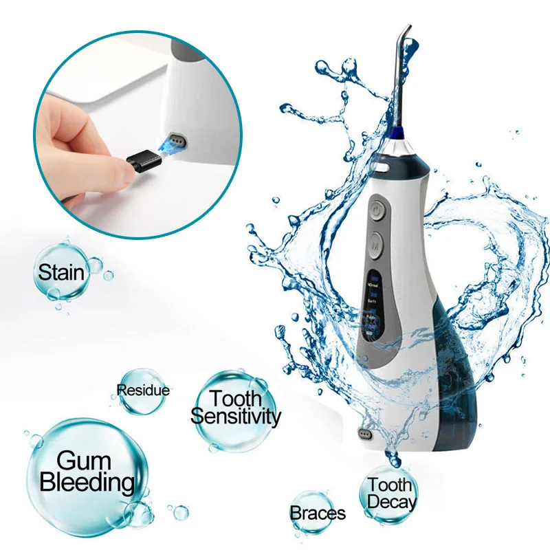 

Oral Irrigator Power Dental Water Flosser Pulse Jet Teeth Cleaning Oral Care Irrigator JJS-010 With 4 Nozzles USB Charging 255ml