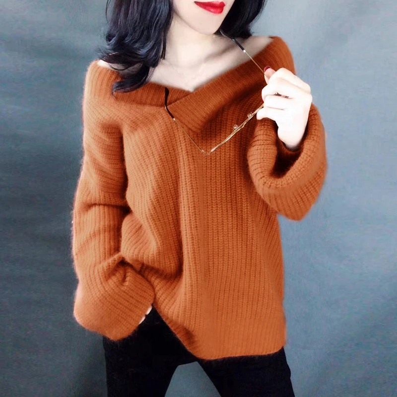MuMuJia Knitted Sweater Autumn Women Plus Size V Neck Loose Sweater Pullovers Ladies Winter Solid Color Cashmere Sweaters Tops