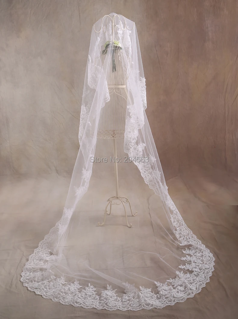 

One-Layer White or Ivory Lace Long Veil Wedding Veils Tulle Veil for Bride without Comb
