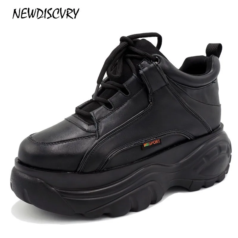 RASMEUP/женские не сужающиеся книзу кроссовки на платформе; модная женская обувь для папы на шнуровке; женская зимняя обувь на толстой подошве - Цвет: Black