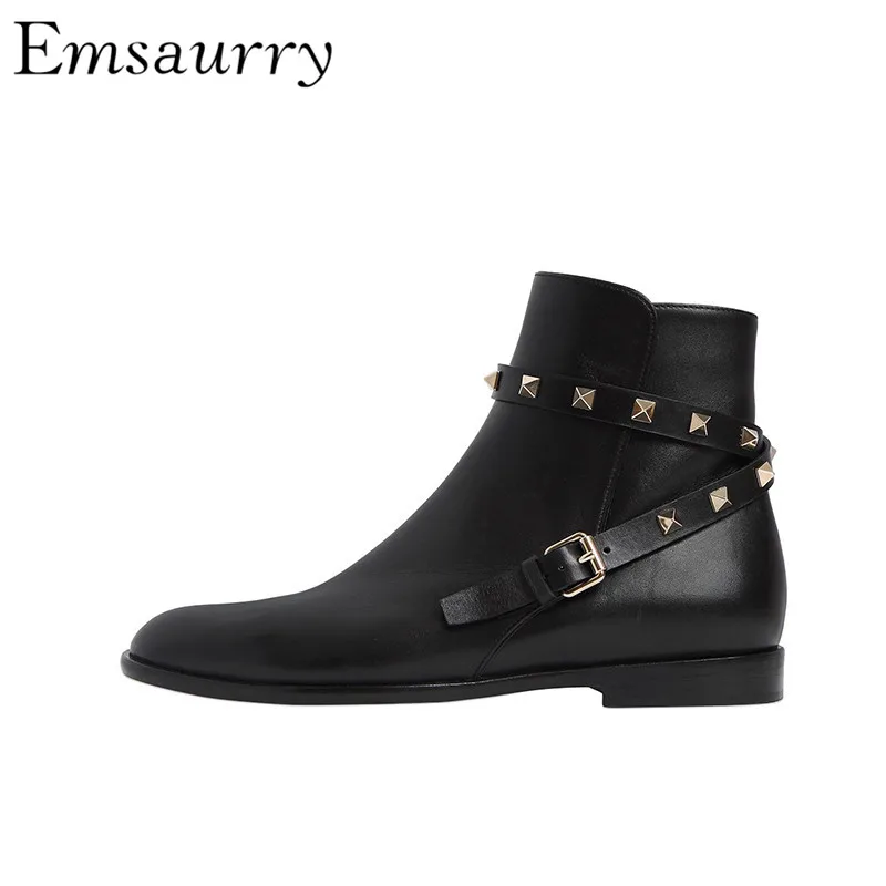 

British Style Martin Boots Round Toe Square Thick Heel Quality Suede Black Leather Rivet Belt Buckle Ankle Boots Women