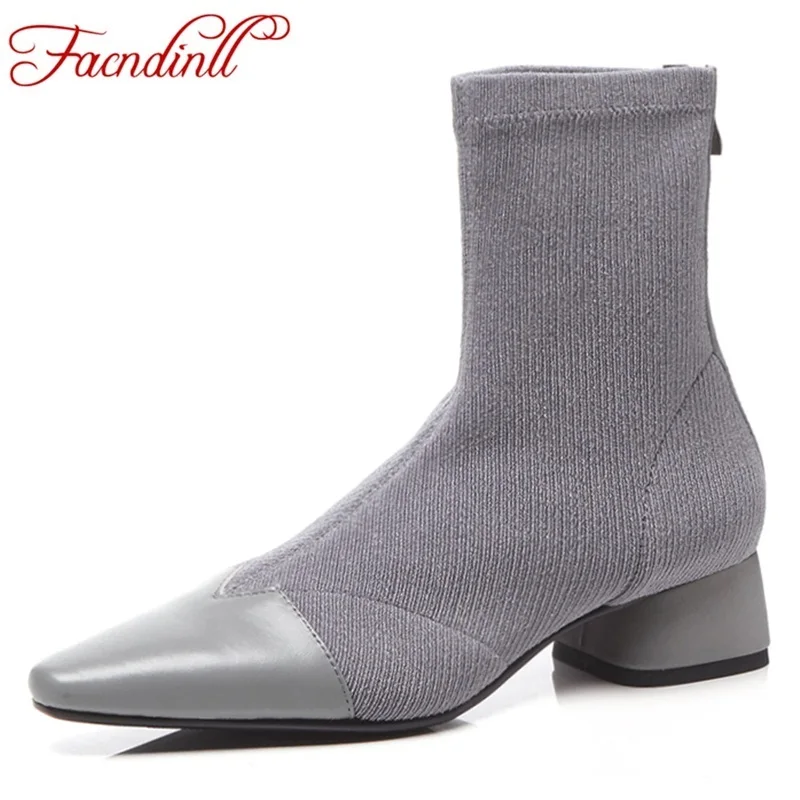

FACNDINLL high qulaity women ankle boots shoes new fashion black gray square heels autumn winter woman dress party casual boots