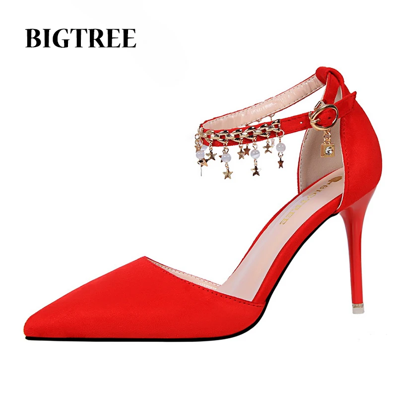 

Summer Elegant Bridal Wedding Shoes Metal Chain Decorated Thin Heels One Word Buckle Ladies Shoes Women Pumps