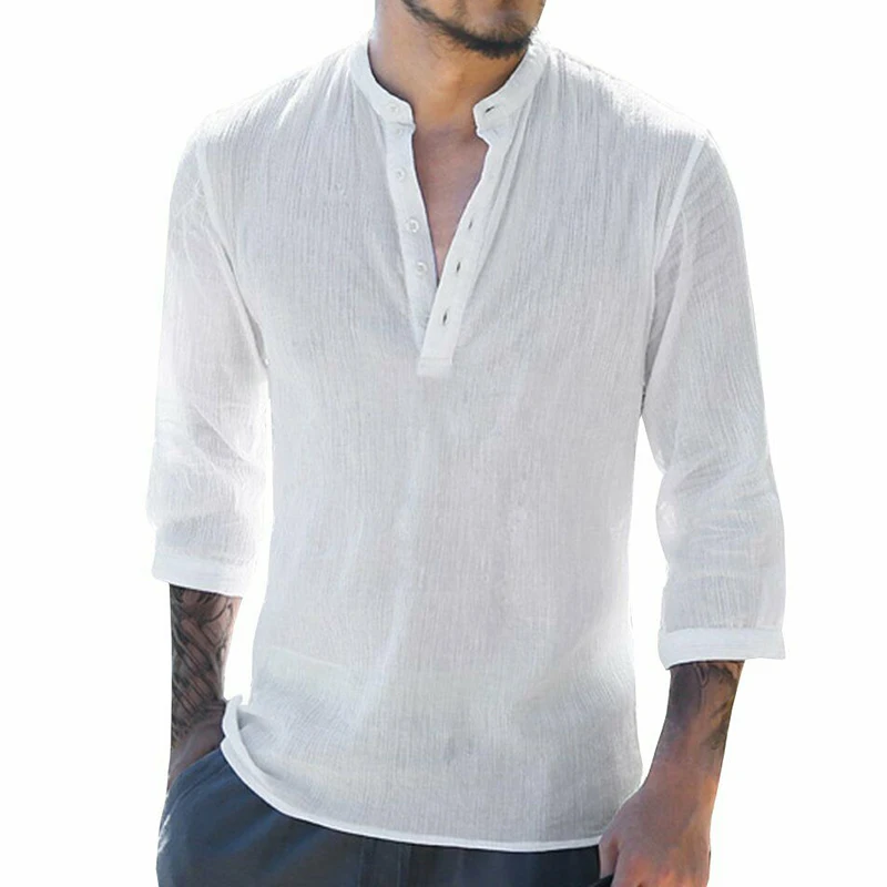 Men Summer Linen Shirt New Fashion Men's Button Retro High Quality V-Neck Tops Mens Clothes 2019 Man Pullover Tops Shirts