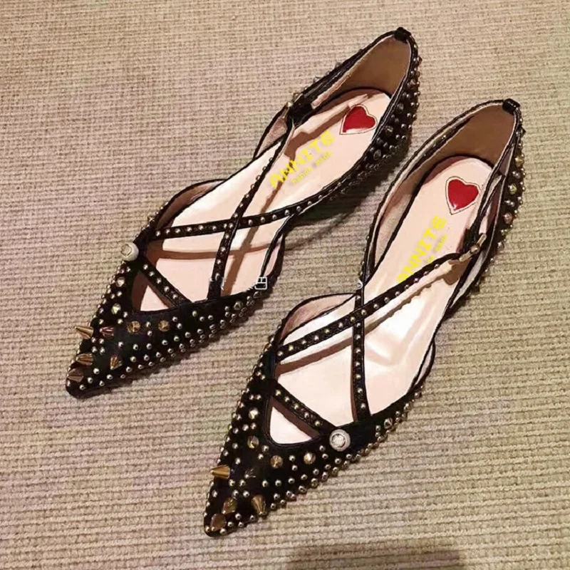

Single shoes female 2019 summer new rivet pearl pointed cross buckle flat bottom heightening sandals black women's shoes