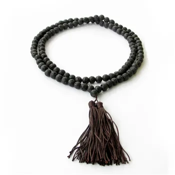 

Natural Black Volcanic Rock Bead 108 Prayer Mala Brown Tassel Long Bracelet or Necklace Yoga Meditation Unisex Jewelry Wholesale