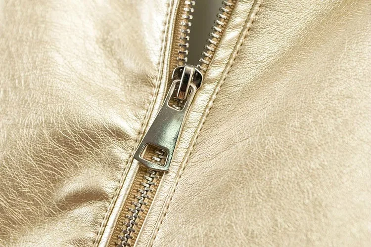 remarkable  Spring Cool Fashion Gold PU Leather Jacket Female Bomber Coat Stand Collar Striped Patchwork Silver