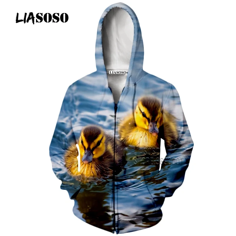 LIASOSO 3D ткани с принтом Унисекс Милые птицы утки мандаринки Толстовки капюшоном