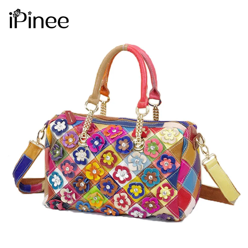 iPinee New 100% Genuine Leather Handbags Women Fashion Patchwork Flowers Bags Shoulder Bag Tote Colorful iPinee New 100% Genuine Leather Handbags Women Fashion Patchwork Flowers Bags Shoulder Bag Tote Colorful