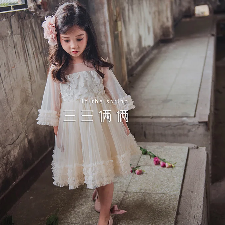 2019 spring Korean cute princess fluffy mesh dress 7 points puff sleeve transparent | Детская одежда и обувь