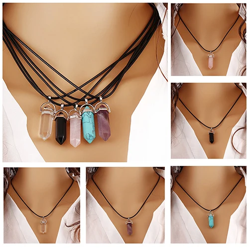 

New Good Fashion Faux Rock Natural Quartz Healing Point Chakra Reiki Pendant Rope Necklace 4ZE9 7FOW 8753
