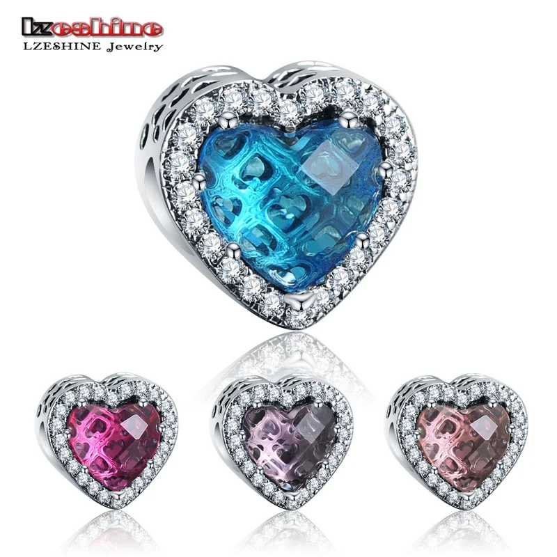 

LZESHINE 925 Sterling Silver Hearts Shape Beads Fit European Bracelets 4 Colors Stone Women Party Jewelry Gift 2017 PSMB0708