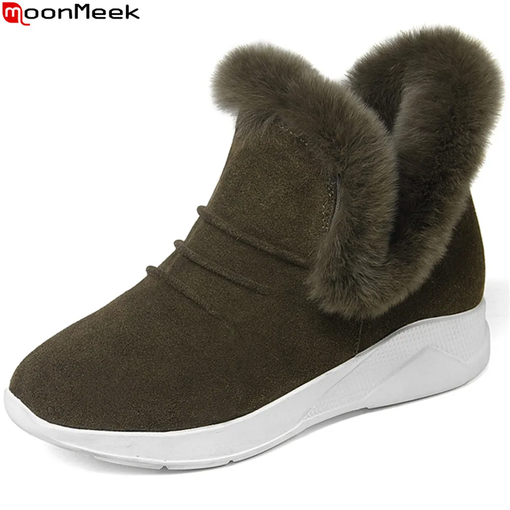 

MoonMeek fashion winter new arrive women boots round toe cow suede ladies boots wedges fur ankle botos black army green