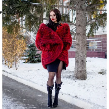 

FURSARCAR Plus Size Poncho Fashion Loose Fur Cape Luxury Red Natrual Silver Fox Fur Jacket With Collar Women Solid Fur Coat