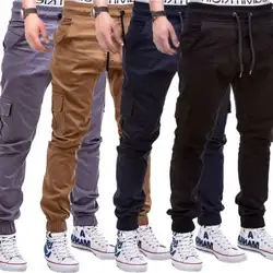 Модные Для мужчин Twill Jogger Брюки Urban хип-хоп повседневные штаны Тонкий эластичный заниженным шаговым швом брюки