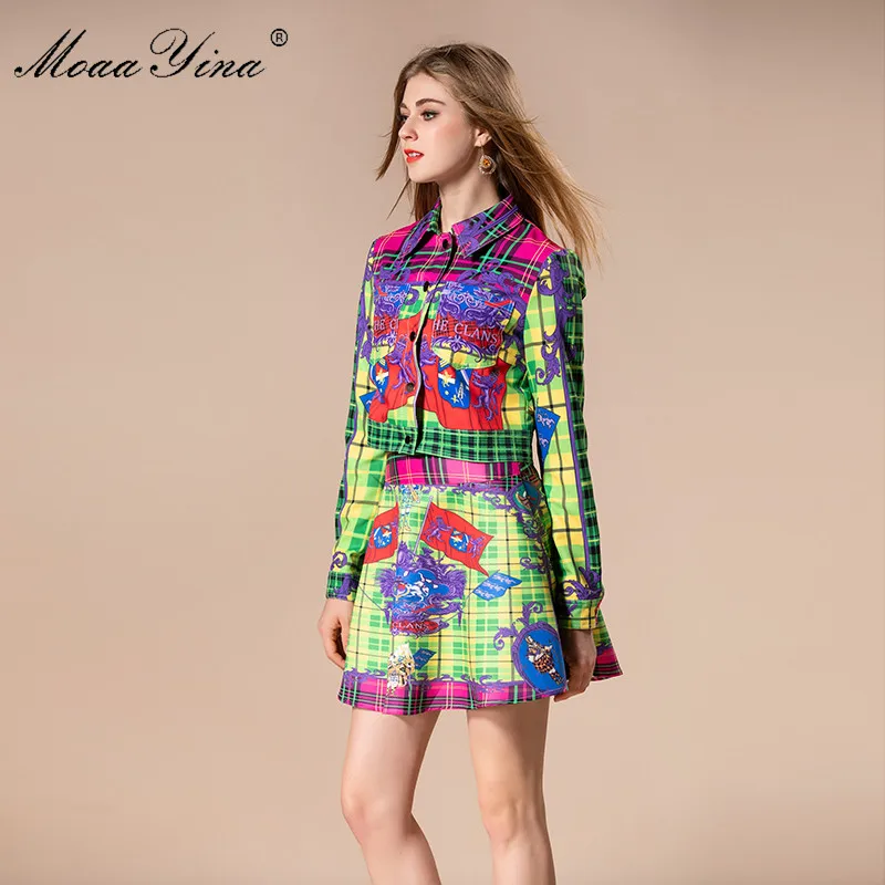 MoaaYina 2018 Fashion Designer Set Autumn Women Turn-down Collar Plaid Floral Print loveliness Elegant Tops+Sexy Mini Skirt Suit Women's Sets