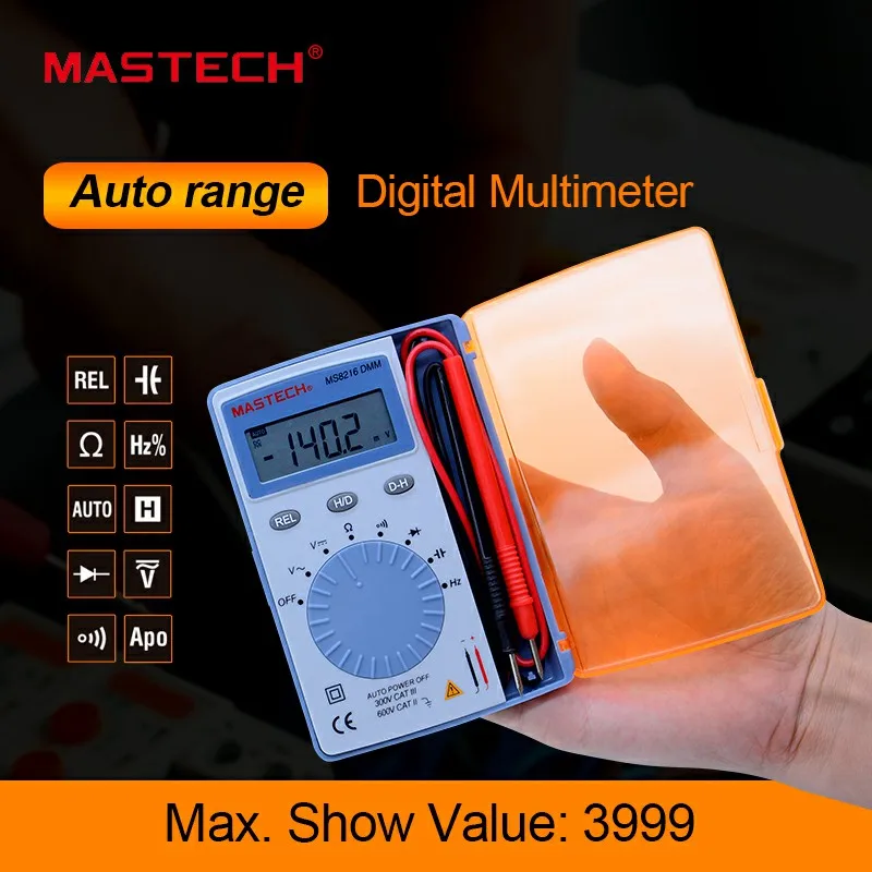 

MASTECH MS8216 pocket Digital Multimeter data hold 4000 Counts Autoranging LCD AC/DC Voltage DMM Tester Detector with Diode