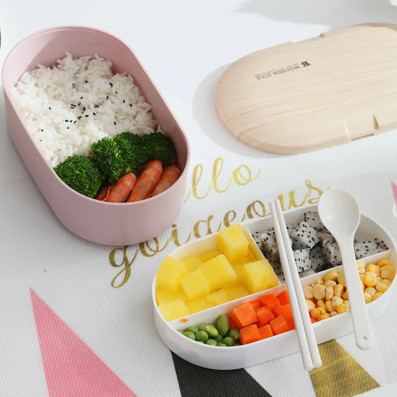 

New Oval Microwave Lunch Box Imitation wood Bento Box Kids Food Container Storage Portable School Picnic 800ml