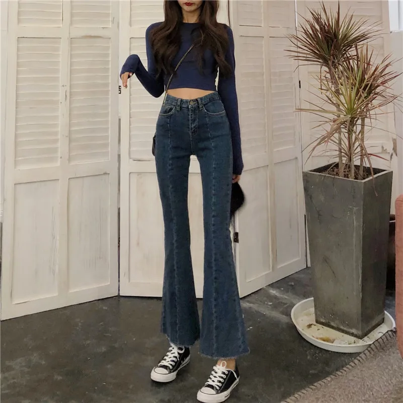 

2019 The New Stereoscopic Torn Edge Denim Pants Slim High Waist Women's Clothing Denim Boot Cut Pant