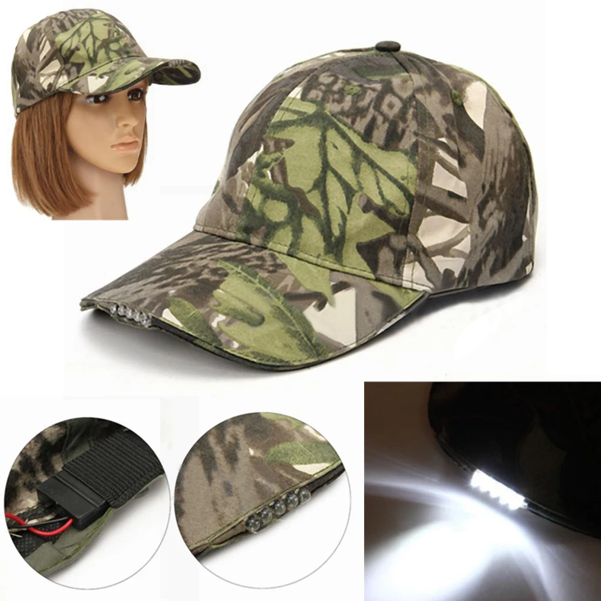 

Hiking Camping Fishing 5 LED Flashlight Light Adjustable Strap Baseball Cap Hat Camouflage for Fishing Walking Hat