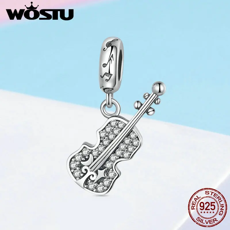WOSTU Original Real 925 Sterling Silver Violin Guitar Bead Charms Pendant Fit Charm Bracelet Necklace For Women Jewelry FIC1078 | Украшения